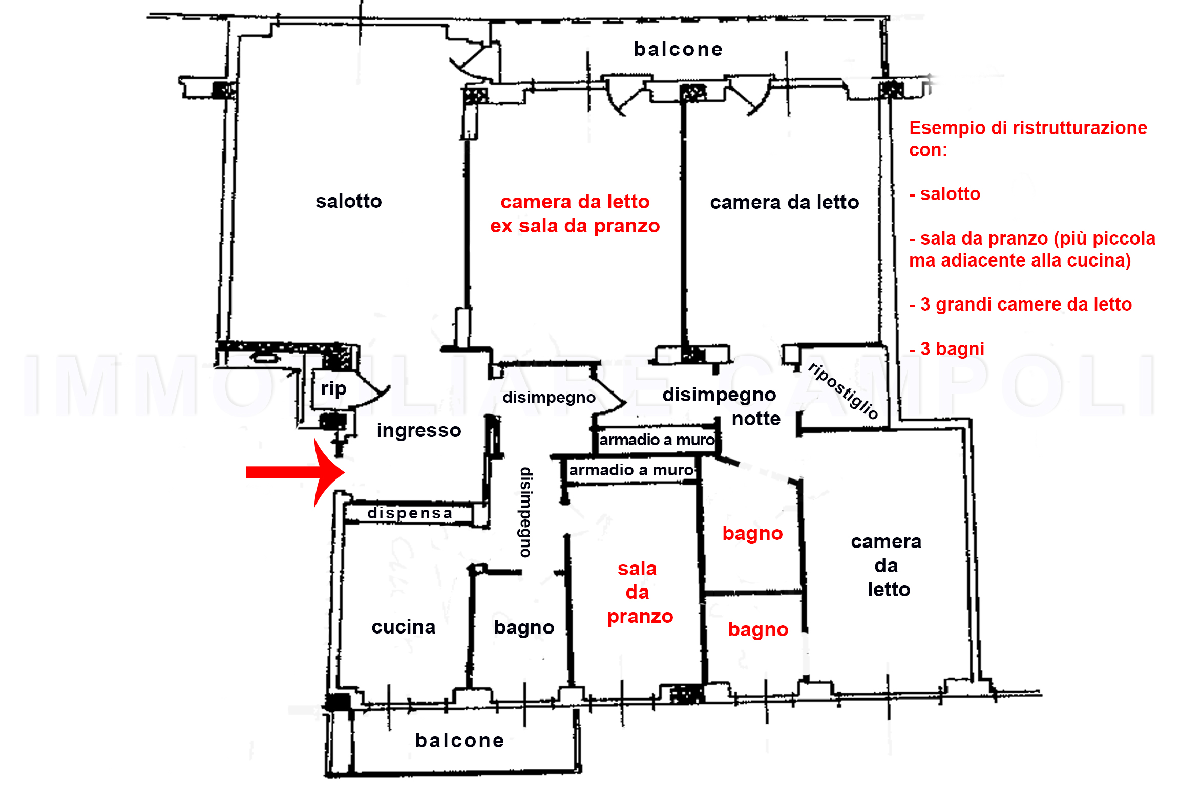 42 – PLANIMETRIA CON 3 CAMERE E 3 BAGNI